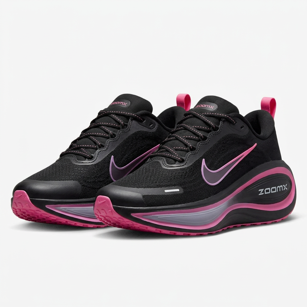 Black lace-up sneakers with pink trim and grey-lilac sculpted soles