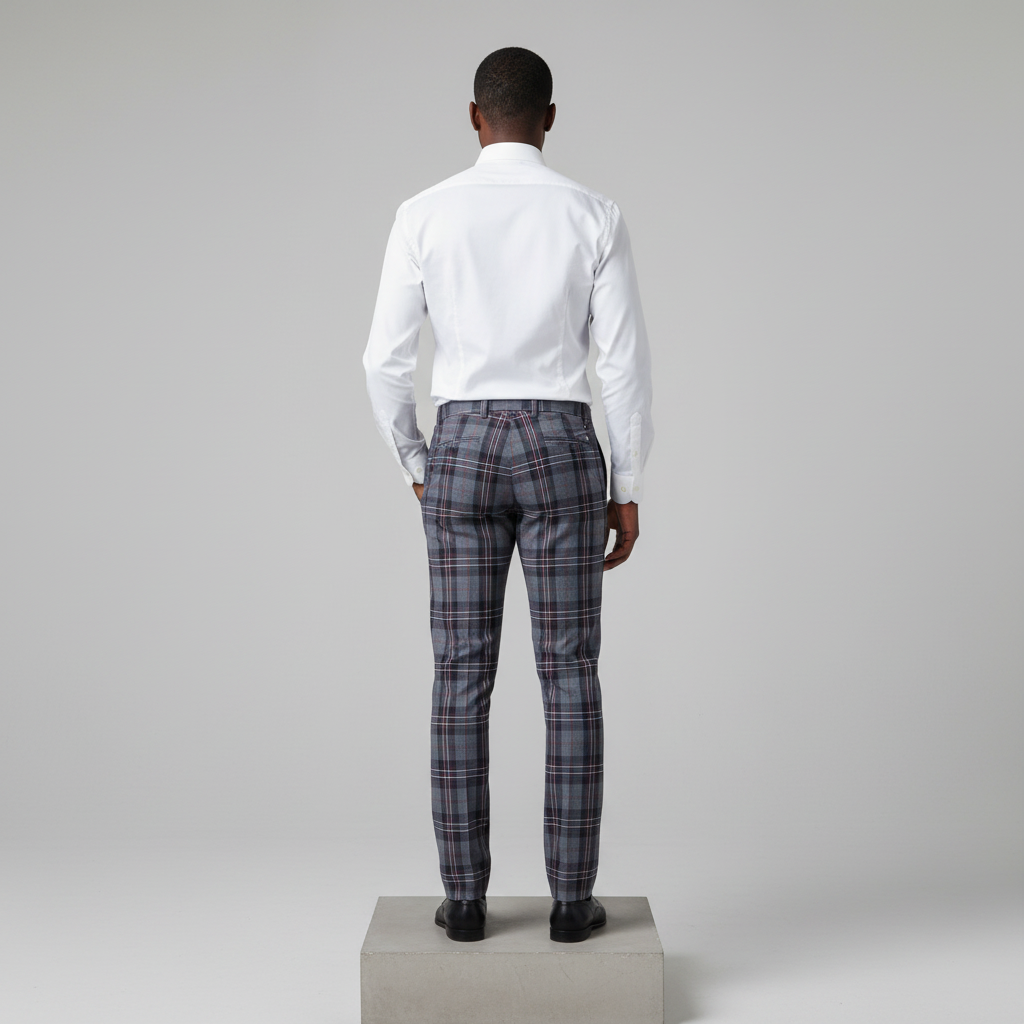Grey Burgundy Tartan Trousers – Back Model