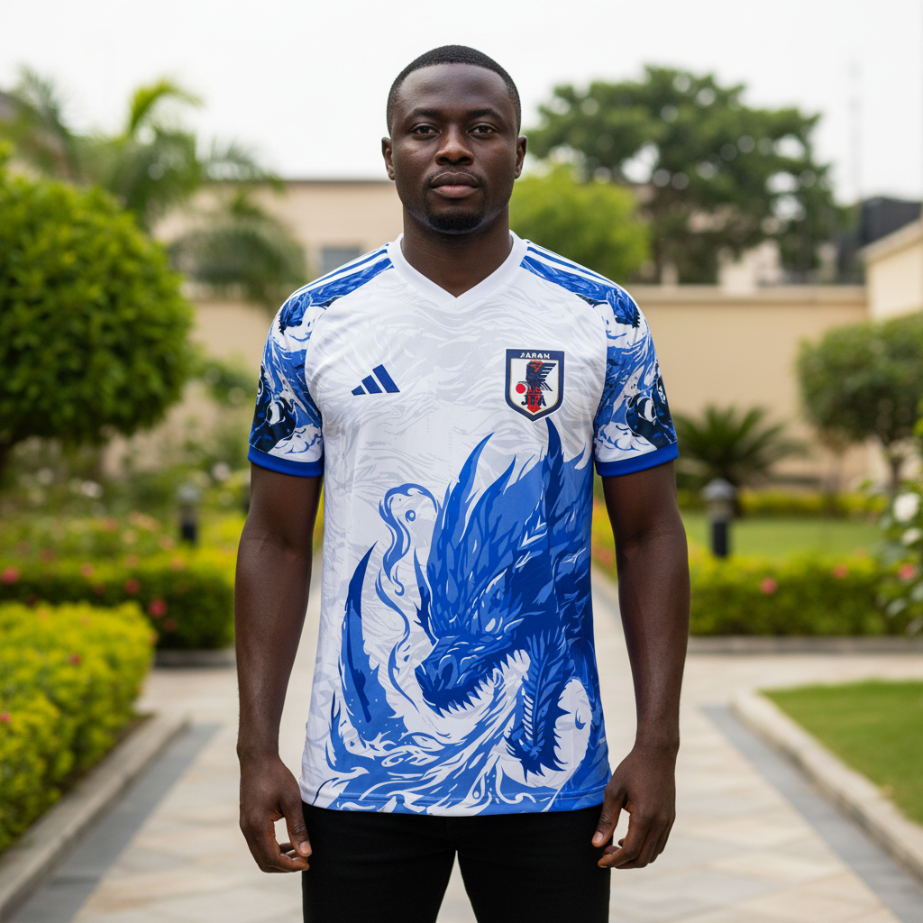 Nigerian male model wearing white and blue dragon flame football jersey front view