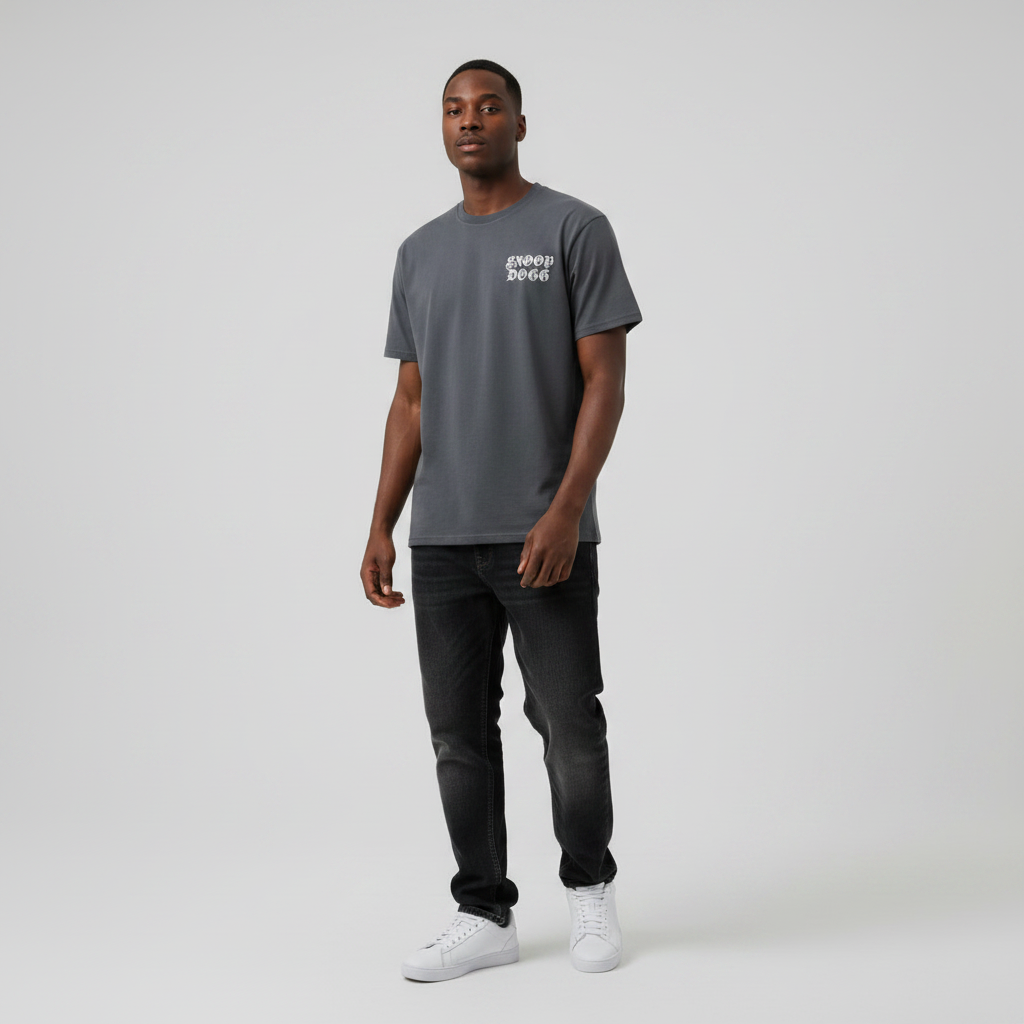 Young Nigerian male wearing charcoal grey Snoop Dogg gothic graphic tee