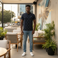 Young Nigerian male model wearing navy all-over bird print polo shirt