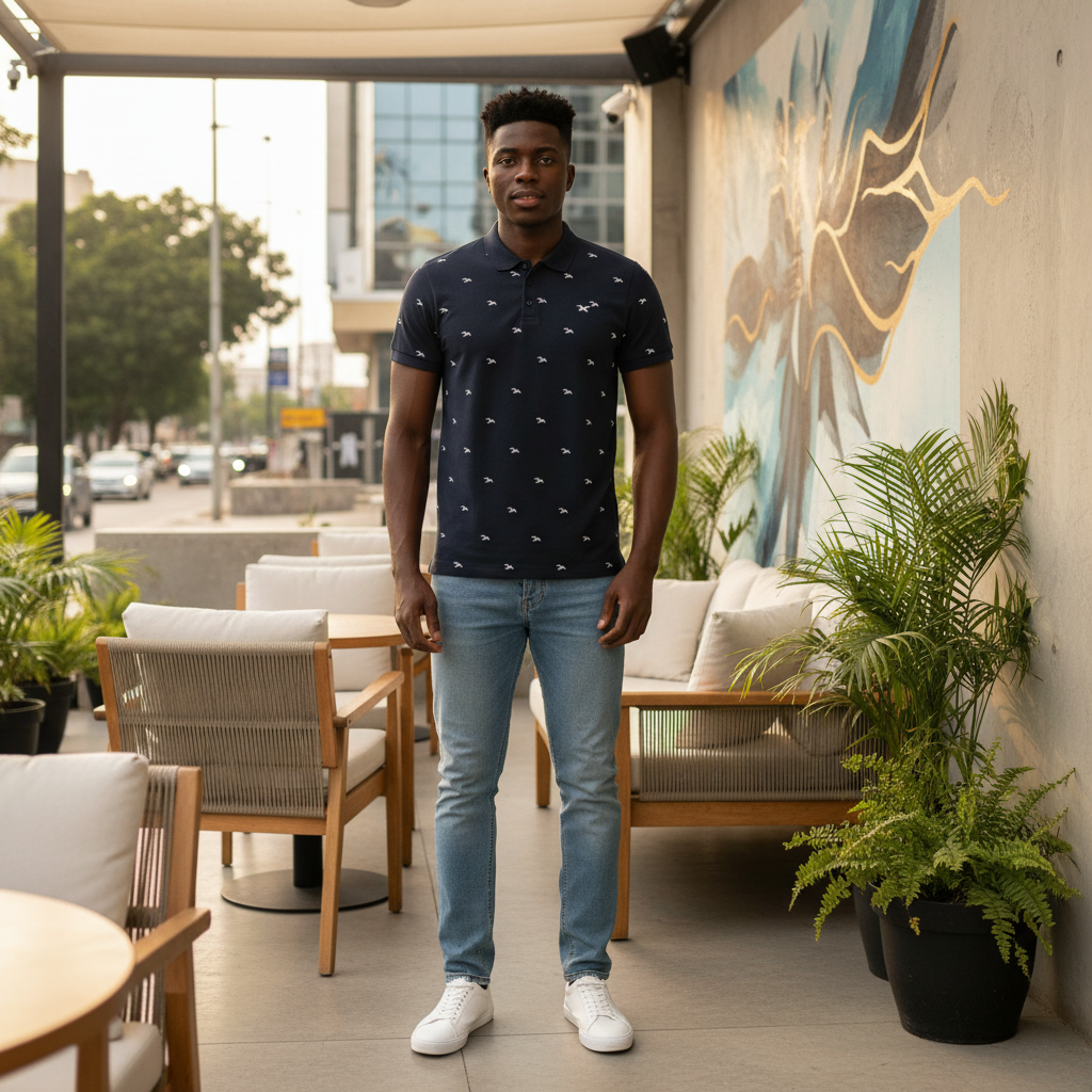 Young Nigerian male model wearing navy all-over bird print polo shirt