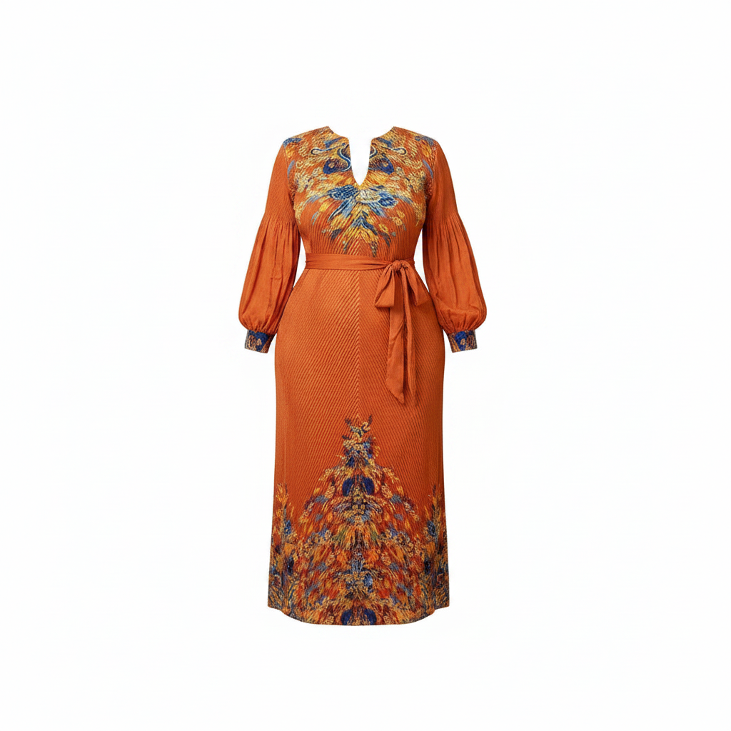 Women's burnt orange peacock print puff sleeve midi gown ghost mannequin view on white background