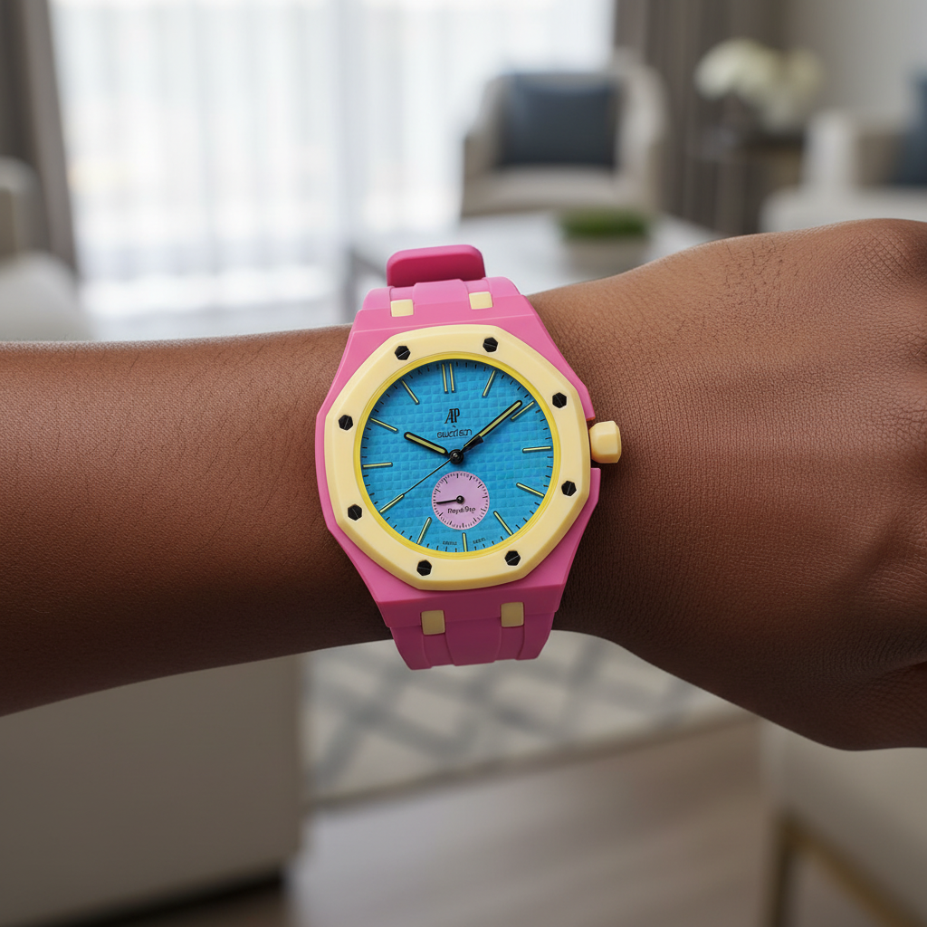 Nigerian model wearing unisex pink octagonal pop watch with yellow bezel and sky blue dial on wrist