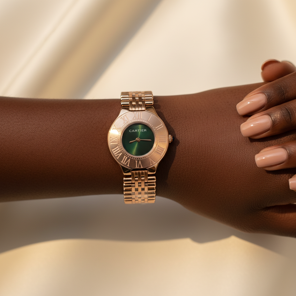 Nigerian woman wearing full rose gold Panthère bracelet watch with emerald green dial, wrist close-up