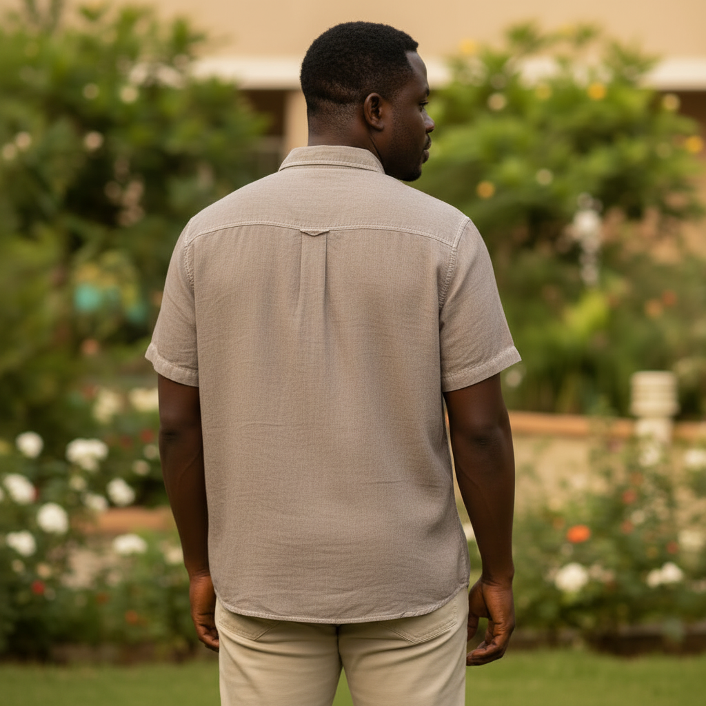 Nigerian male model wearing Washed Linen Short Sleeve Shirt back view