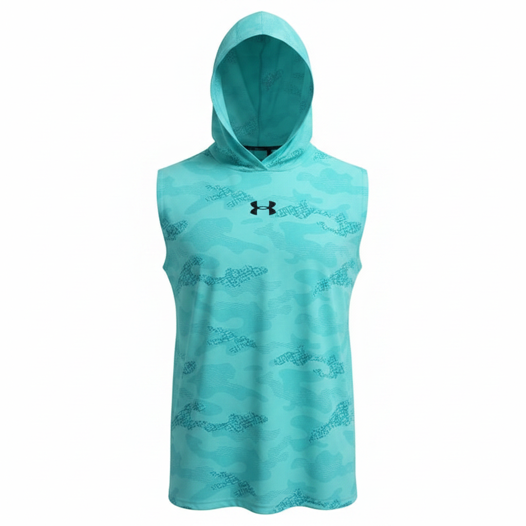 Under Armour aqua camo sleeveless sport hoodie ghost mannequin view
