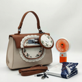 Beige floral handbag and round pouch with mini fan, brown strap, scarf and cable