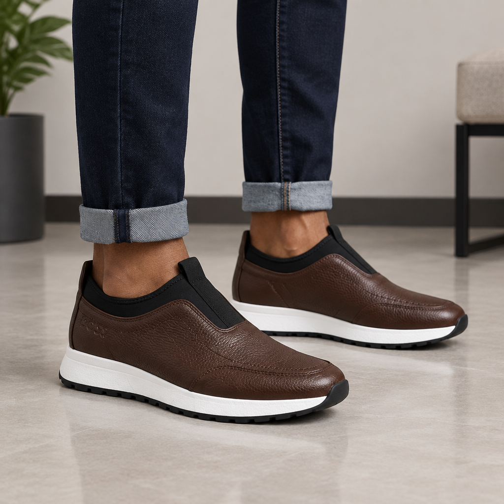 Dark Brown Pebbled Leather Slip-On Runner Sneaker - Model Shot