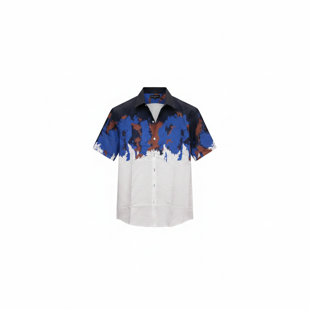 Men's navy abstract paint-splash short-sleeve shirt ghost mannequin front view