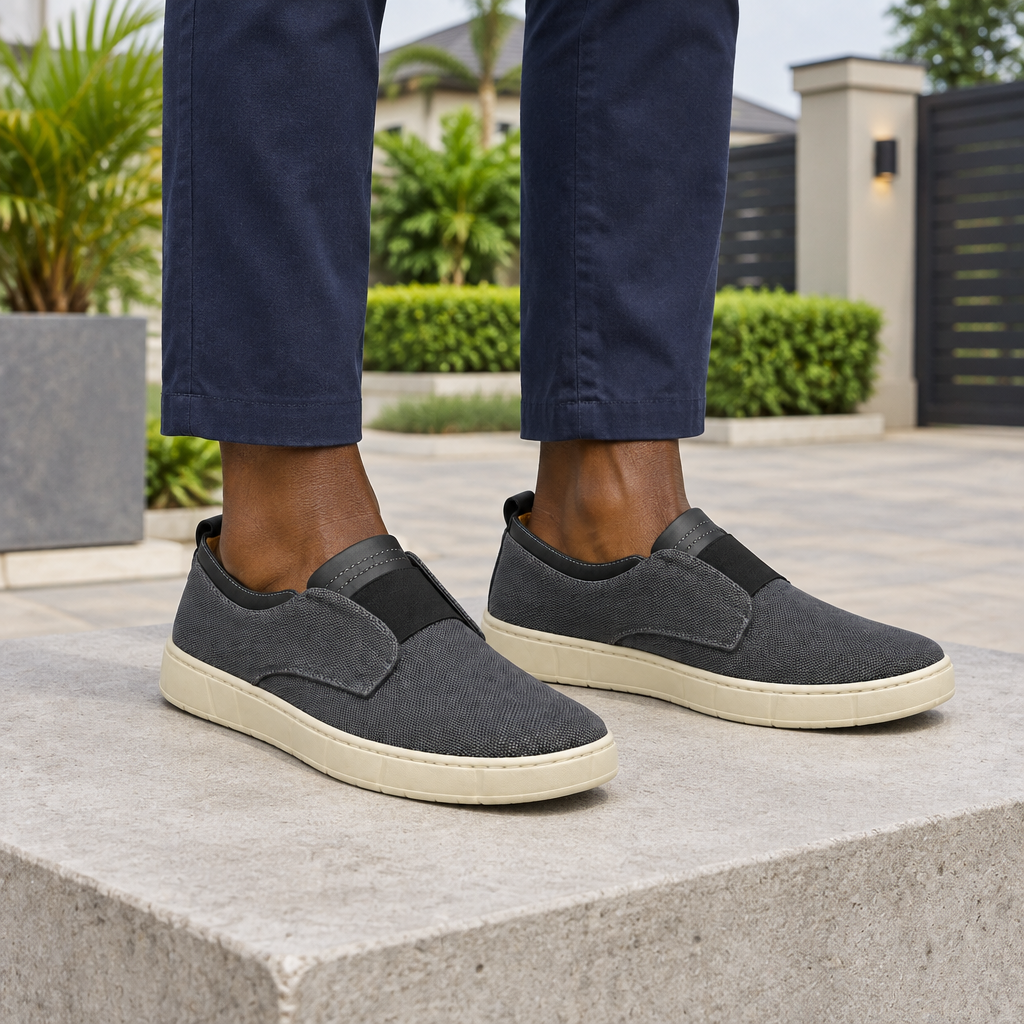 Man wearing charcoal grey woven slip-on sneakers with navy chinos