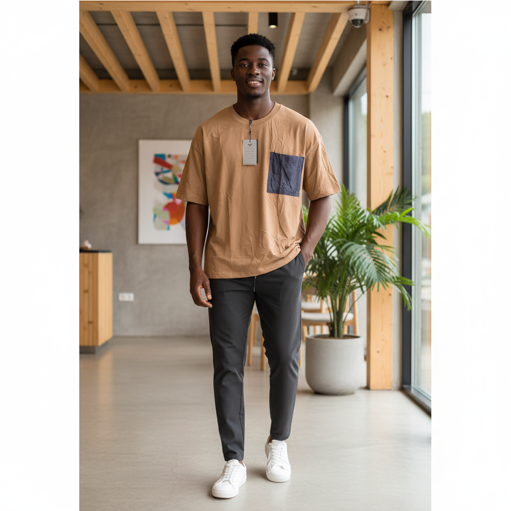 Nigerian male model wearing camel oversized t-shirt with navy contrast pocket