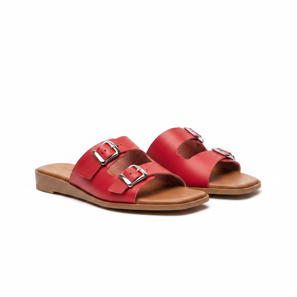 Pair of red leather double buckle flat slide slippers on white background
