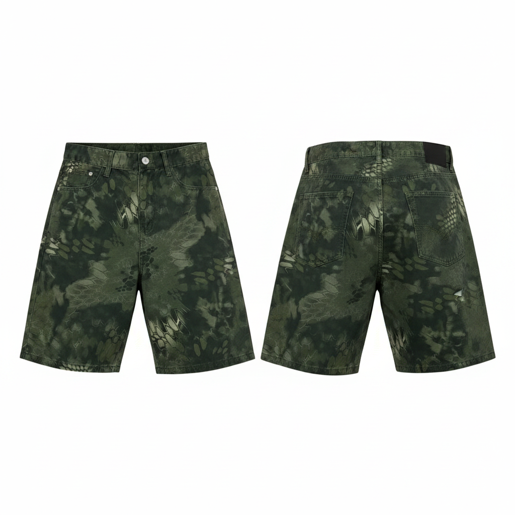 Men's dark green python scale camo print denim shorts ghost mannequin front and back view