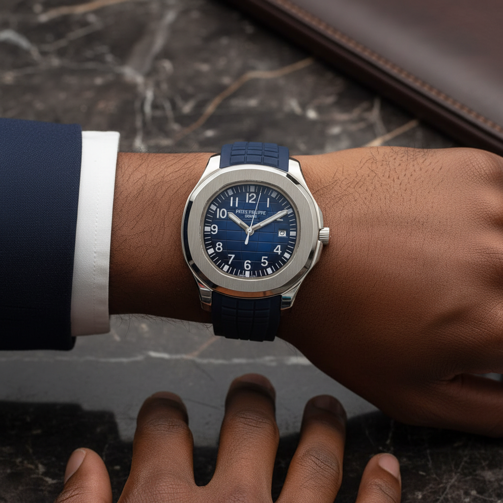 Nigerian man wrist shot wearing silver navy blue dial rubber strap luxury watch