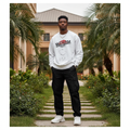 Nigerian male model wearing white graphic print oversized crew-neck sweatshirt
