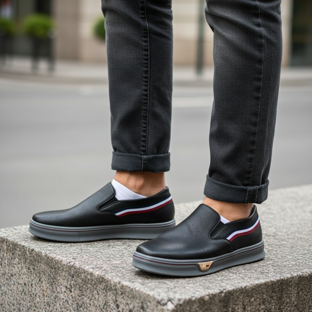 Model wearing all-black perforated leather slip-on sneakers with tricolour stripe leg shot
