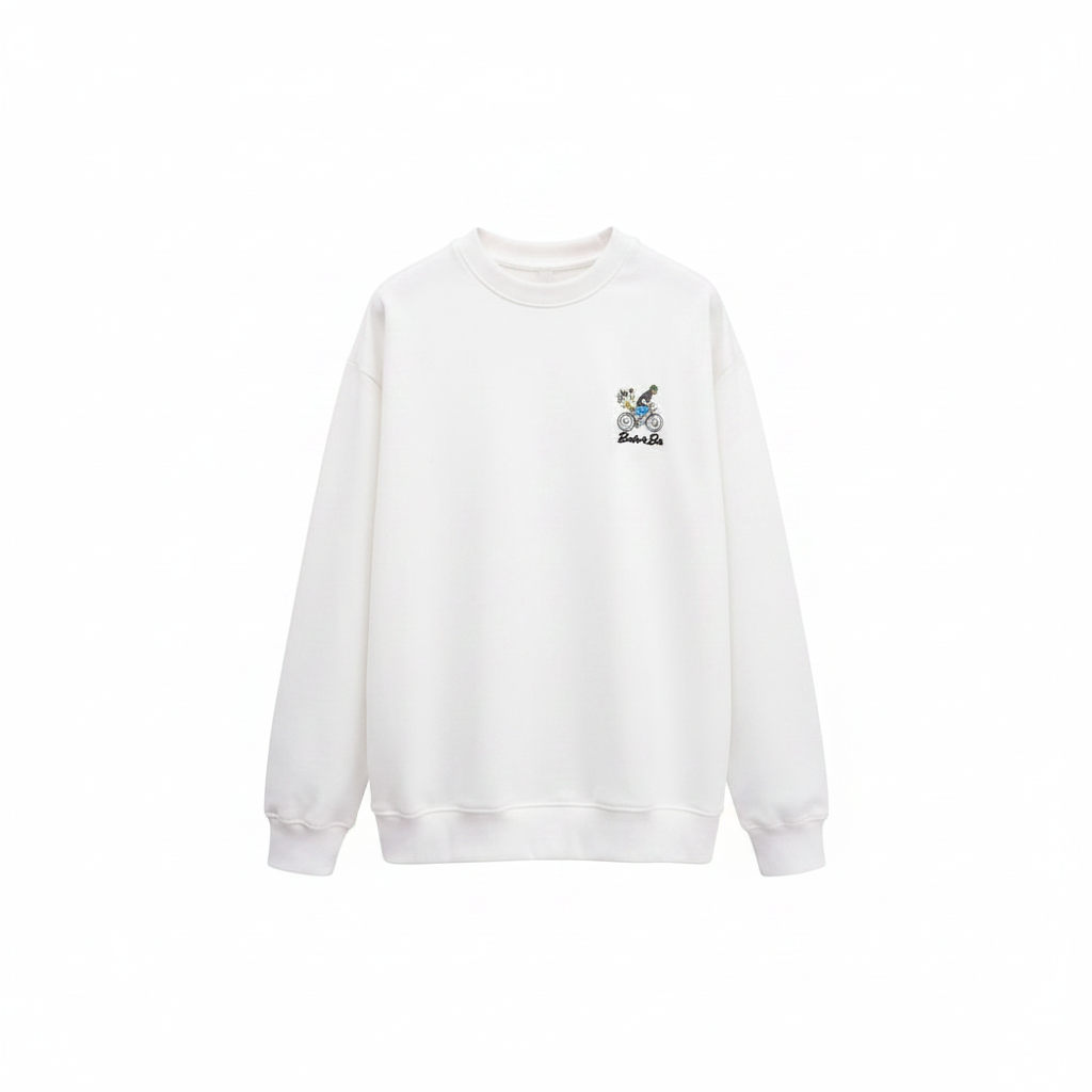 Unisex white sweatshirt with small chest cyclist graphic – ghost mannequin front view