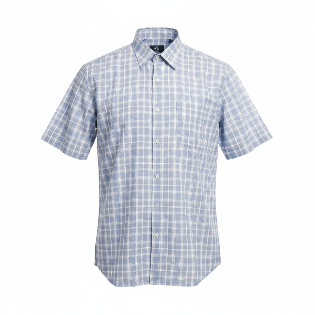 Ghost mannequin light blue plaid short-sleeved shirt