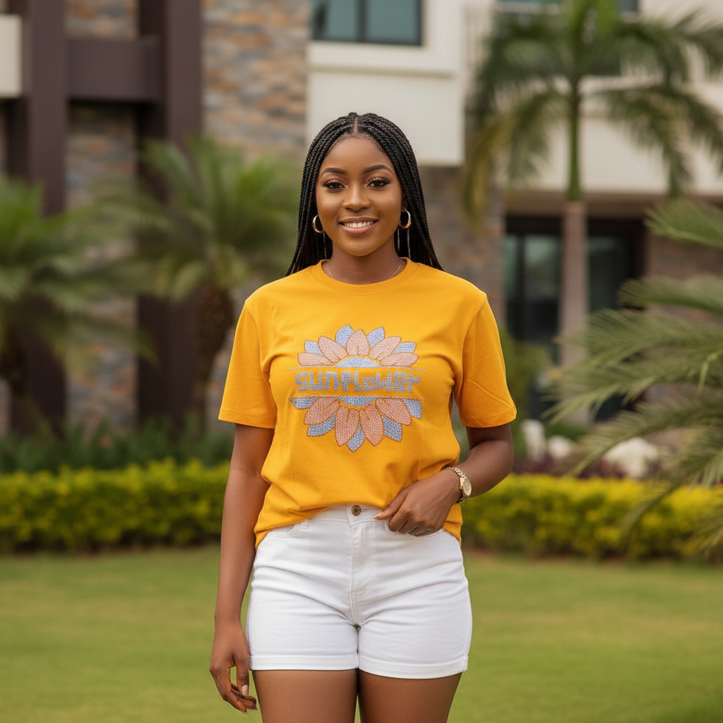Women's mustard yellow rhinestone crystal sunflower graphic crew neck tee - model shot