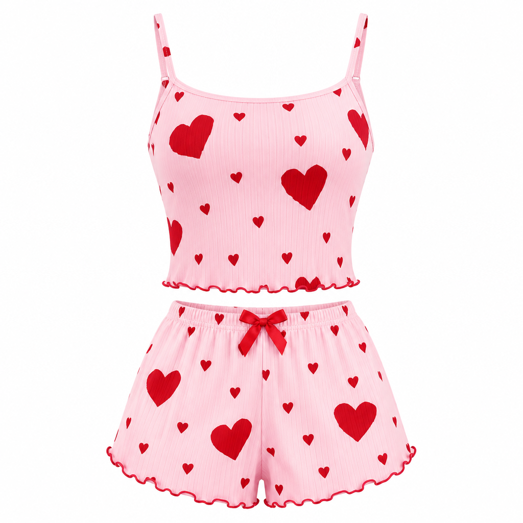 2-Piece Heart Print Cami Pyjama Set – Pink Red Hearts