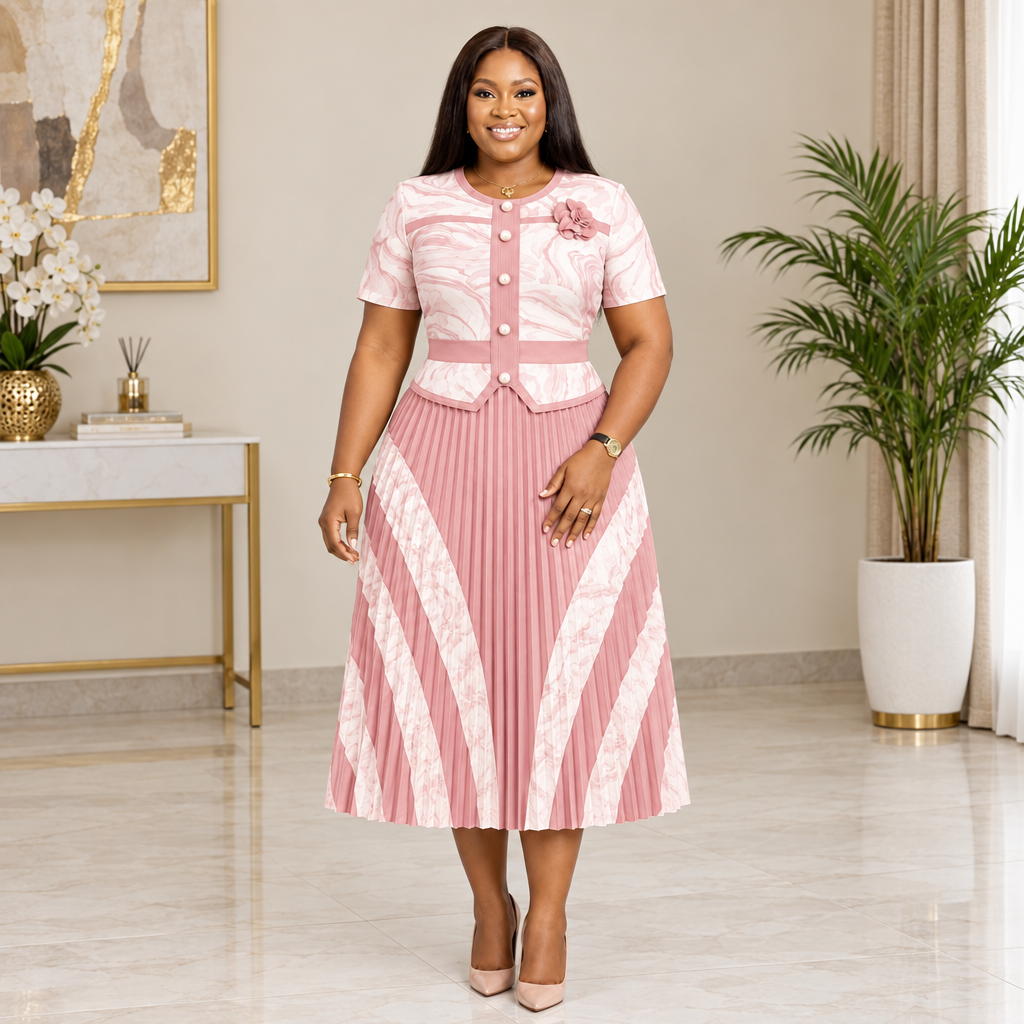 Adult Black woman wearing blush pink patterned pleated dress