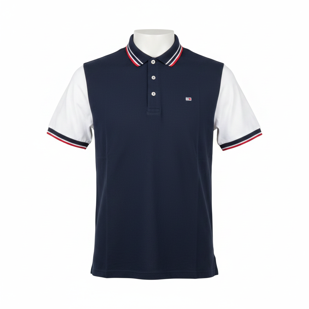 Navy and white colour block short sleeve polo shirt with striped ribbed collar and cuffs — ghost mannequin front view