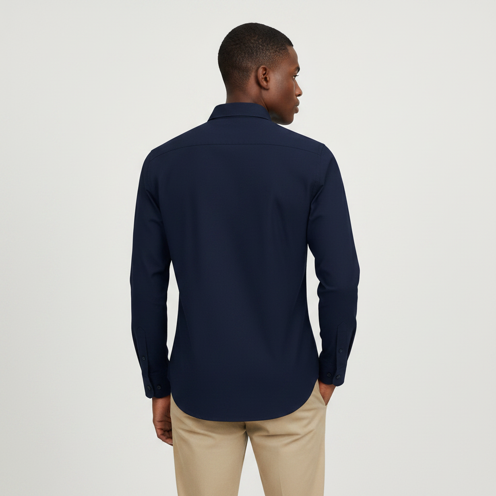 Nigerian adult male model wearing Navy Oxford Long Sleeve Shirt – Back View