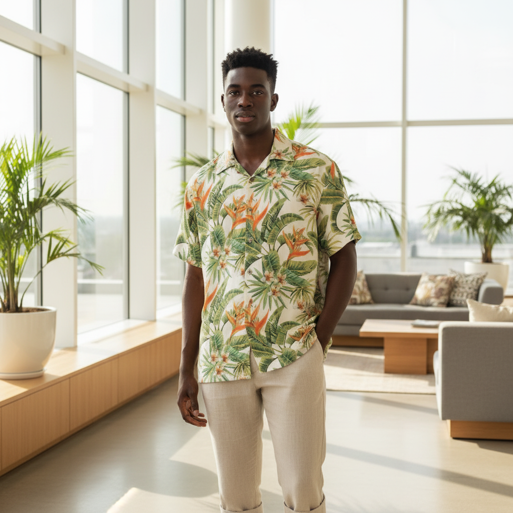Nigerian male model wearing tropical floral print camp collar shirt