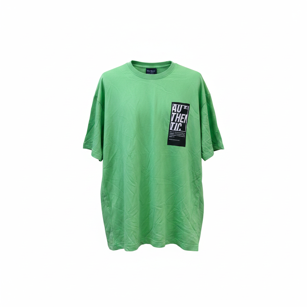 Ghost mannequin view of lime green oversized tee with bold black Authentic label graphic on left chest