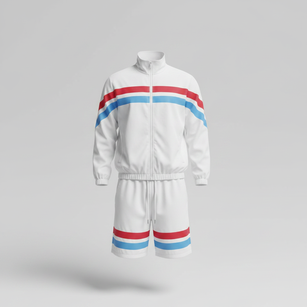 Ghost mannequin view of the white jacket and shorts set with red and blue stripes