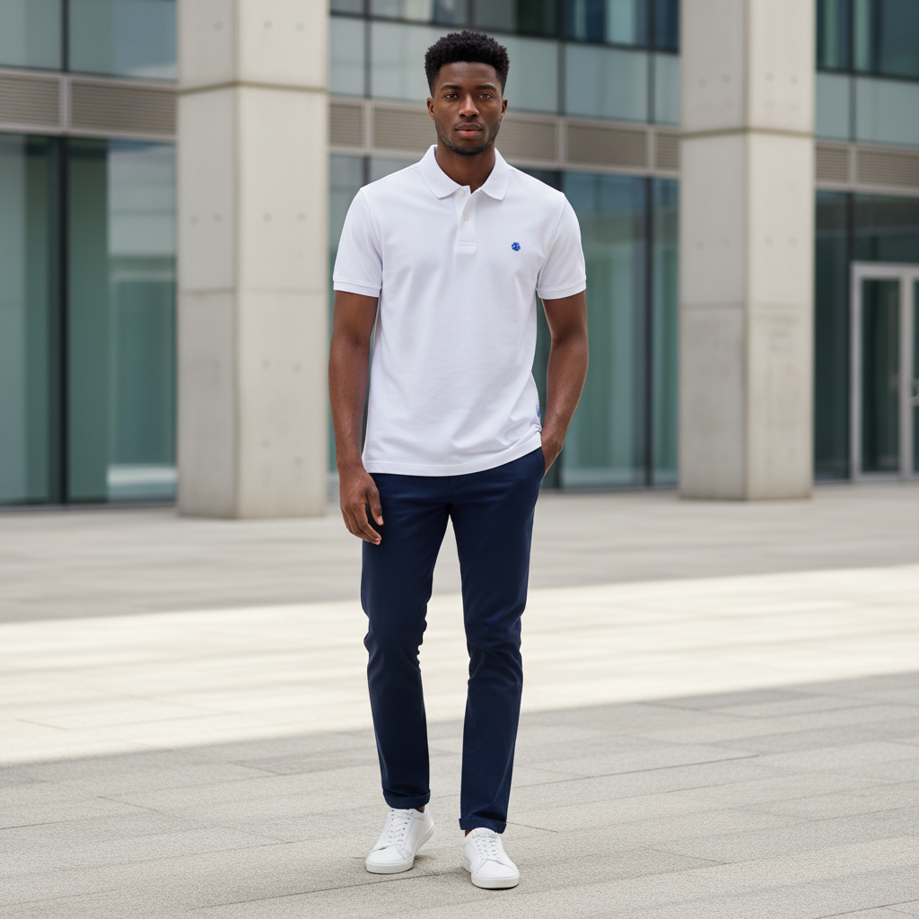 Young Nigerian male model wearing a white polo shirt in a modern urban setting
