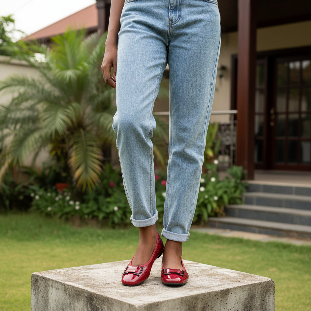 Nigerian model wearing croc-embossed round-toe metal buckle ballet flats - both feet styled