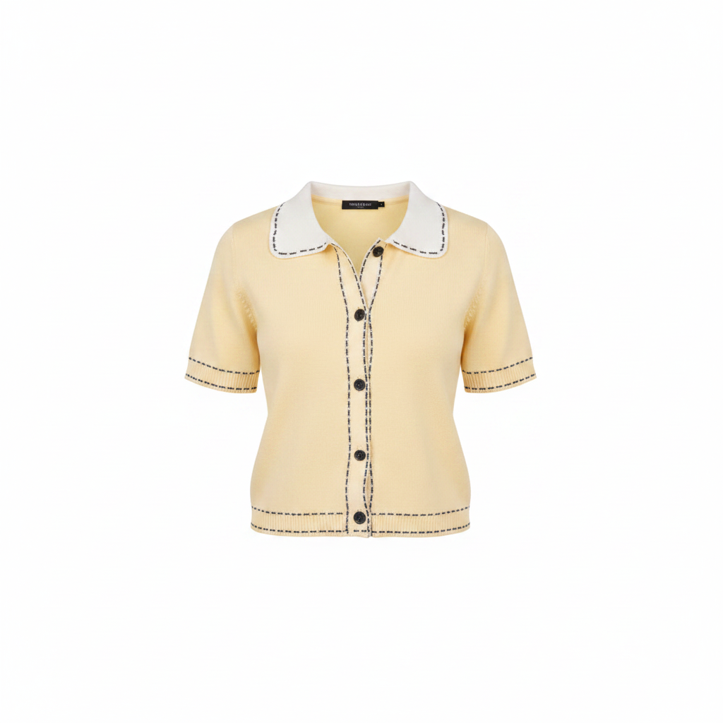 Ghost mannequin view of Women's Pastel Yellow Contrast Trim Button-Front Top