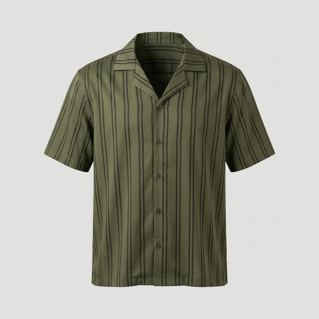 Olive striped short-sleeve camp-collar shirt on an invisible mannequin