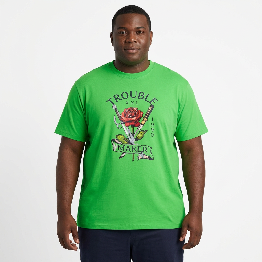 Black adult male model wearing a green rose graphic T-shirt