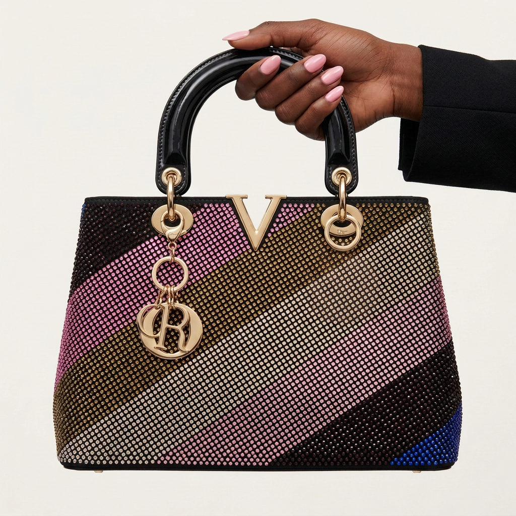 Multicolour studded handbag held by a Black woman's hand with pink-painted nails