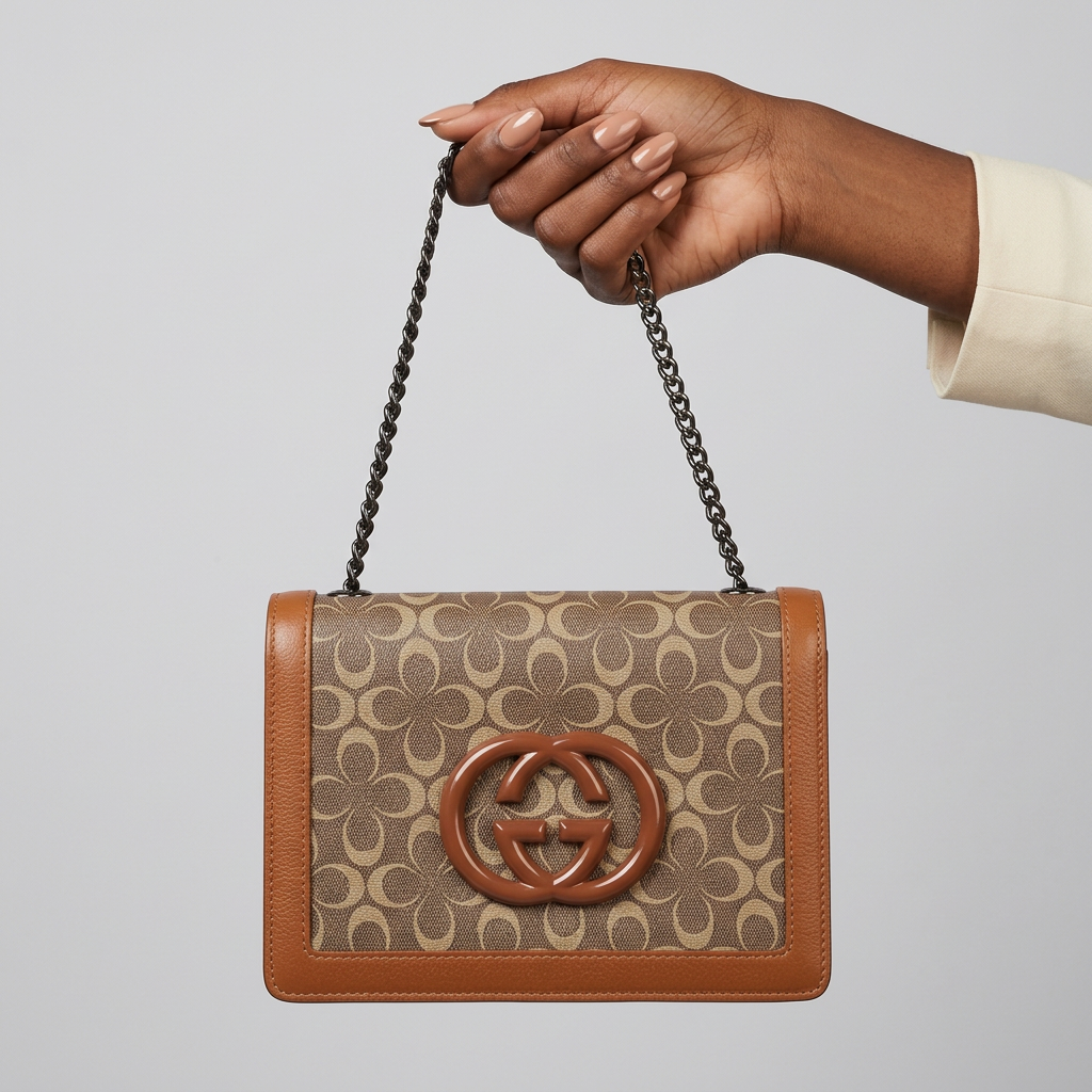 Manicured Black woman's hand holding cognac-trim patterned chain flap bag