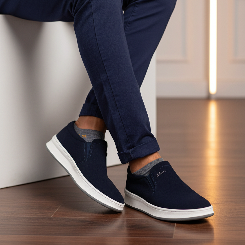 Clarks Navy Suede Slip-On Men's Sneaker - Model Shot