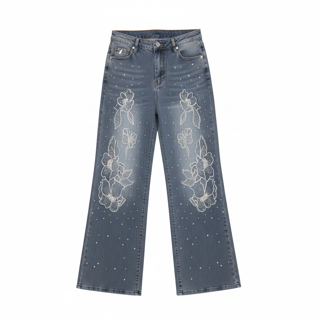 Women's Grey-Blue Rhinestone Floral Bouquet Wide-Leg Jeans - Ghost Mannequin