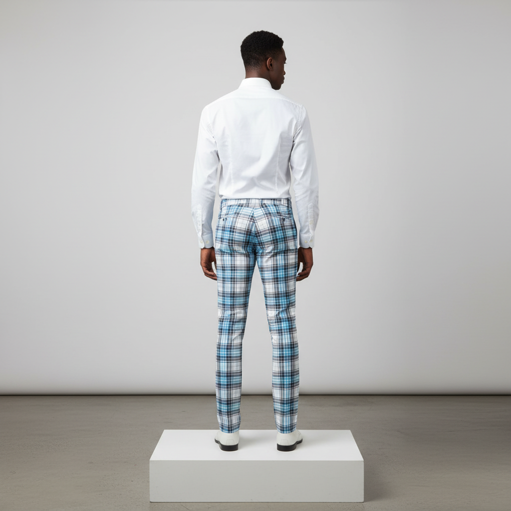 White Aqua Blue Tartan Trousers – Back Model