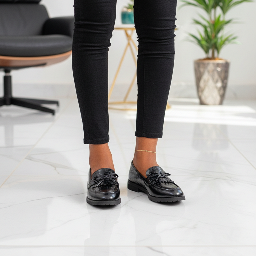 Layinka Store Black Croc Patent Tassel-Bow Loafers – Model Shot