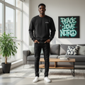 Young Nigerian male model wearing black peace love graphic sweatshirt, front view