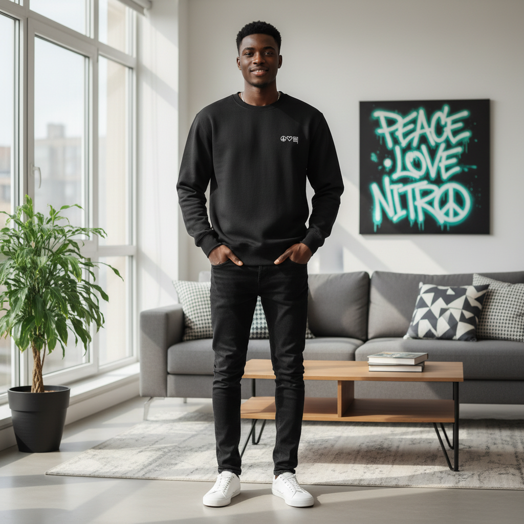 Young Nigerian male model wearing black peace love graphic sweatshirt, front view