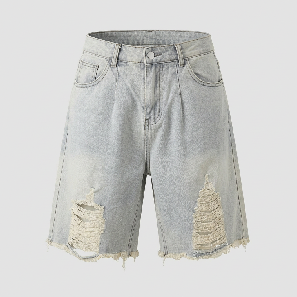 Light grey distressed denim shorts with frayed hems, ghost mannequin front view