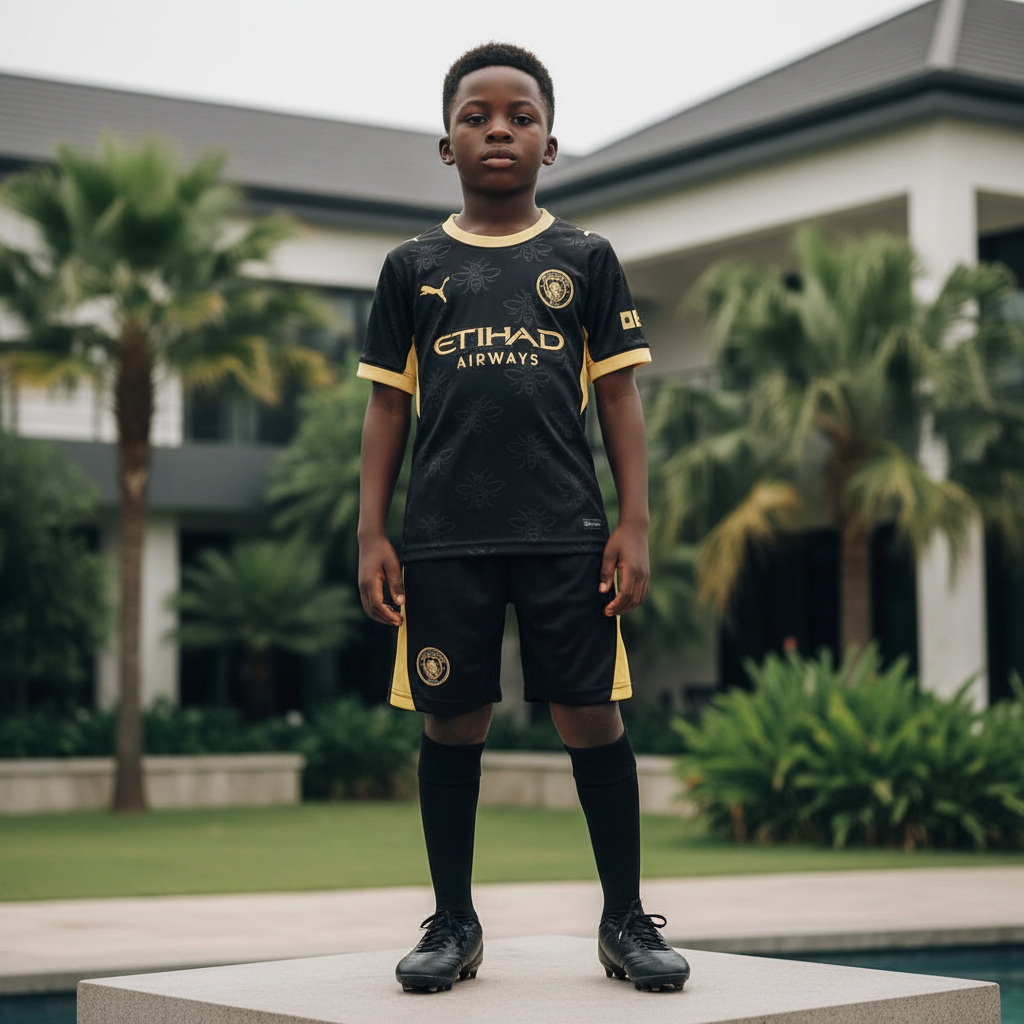 Nigerian child model wearing black & gold bee print football jersey set with black football boots