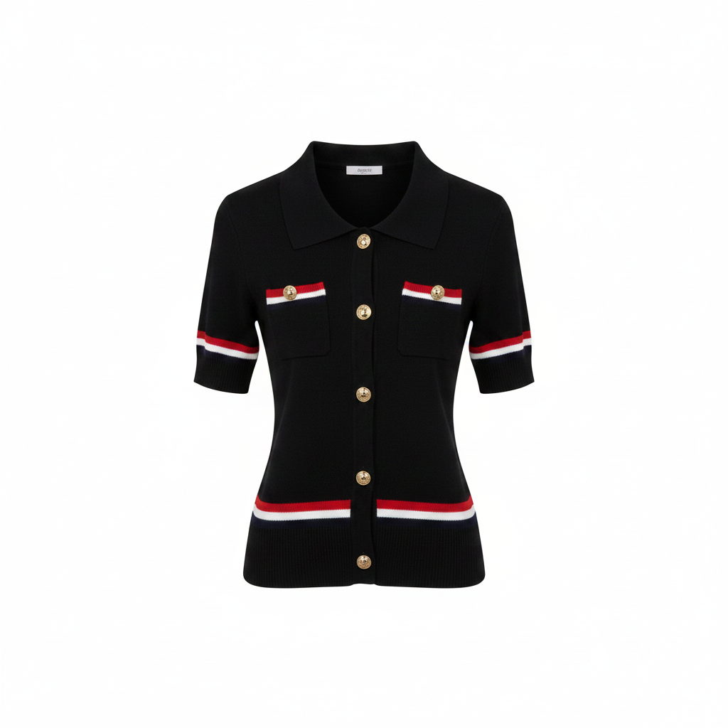 Women's Striped Knit Button-Front Polo Top – Ghost Mannequin Black