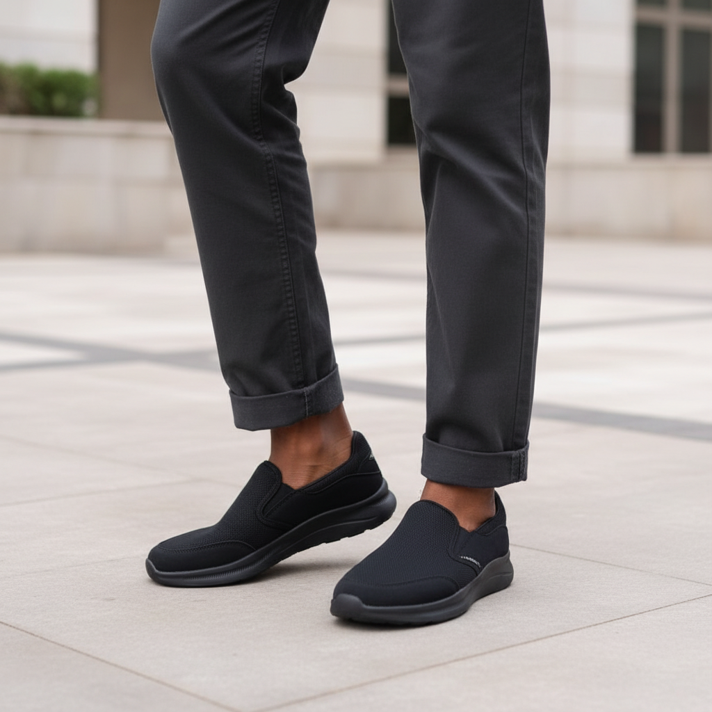 Nigerian male model wearing all-black knit slip-on sneakers, Gen Z street style leg shot
