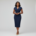 Navy Blue Belted Pencil Midi Dress - Front Model