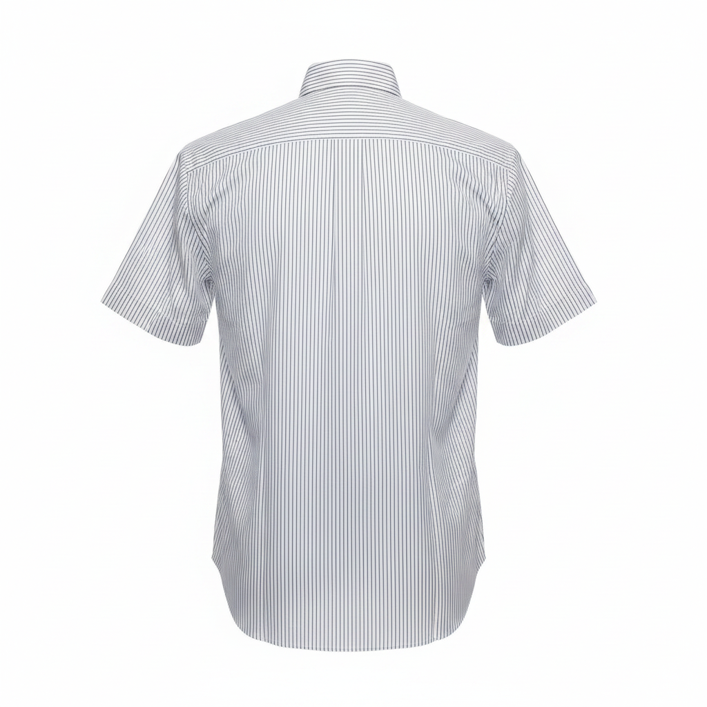 White Navy Pinstripe Short-Sleeved Shirt - Ghost Mannequin Back View